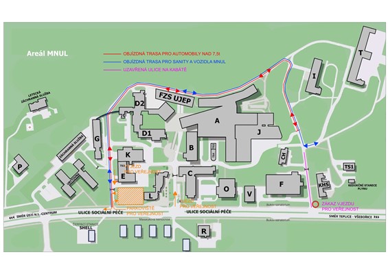 mapa areálu ústecké Masarykovy nemocnice s dopravními úpravami