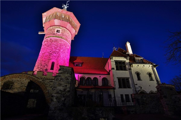 Purpurovou barvou nasvícený hrad Hněvín v Mostě. Foto: archiv KZ