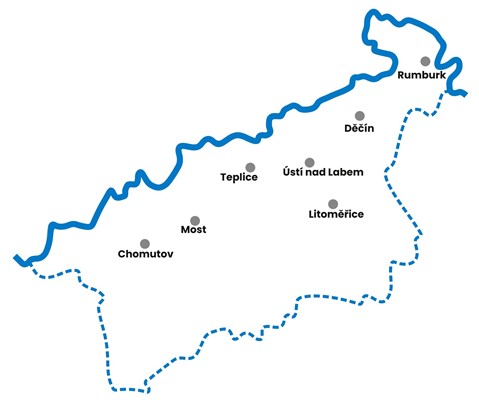 Mapa Ústeckého kraje s nemocnicemi Krajské zdravotní